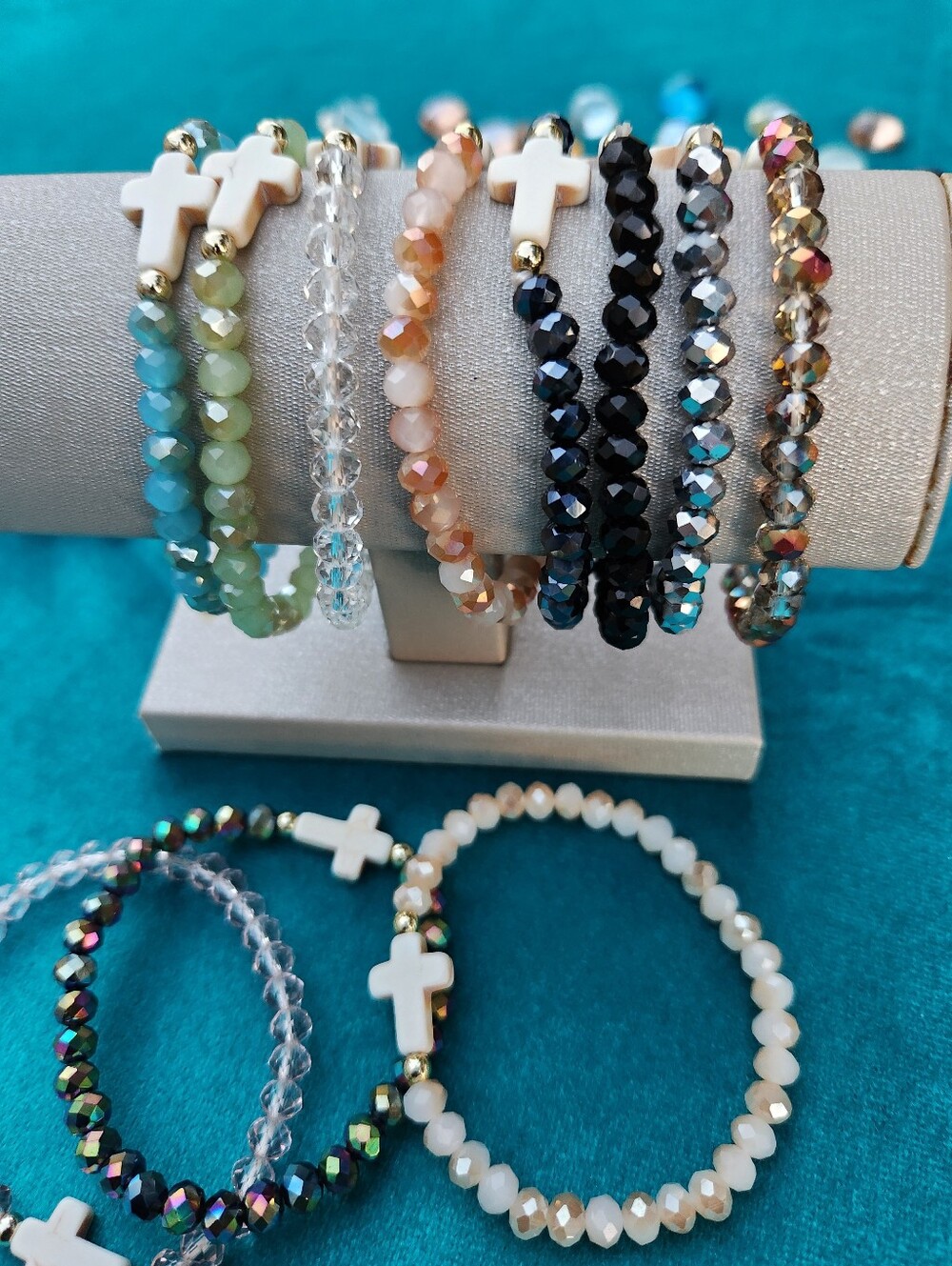 Beaded Cross Stretch Bracelet - White Cross, Multicolor Beads Your Choice - Picture 8 of 8